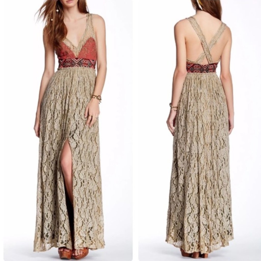 Free People Crushed Gold Party Maxi Dress